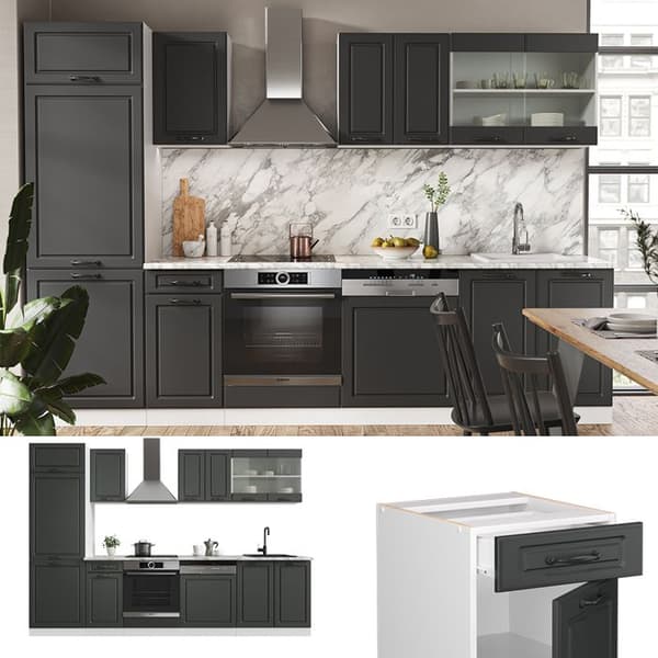 R-Line kök, 300 cm, PT Marble, Lanthus antracit/vit, Vicco