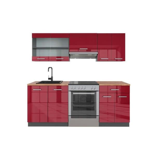 R-Line kök, 200 cm, PT Ek, Bourgogne högblank/antracit, Vicco
