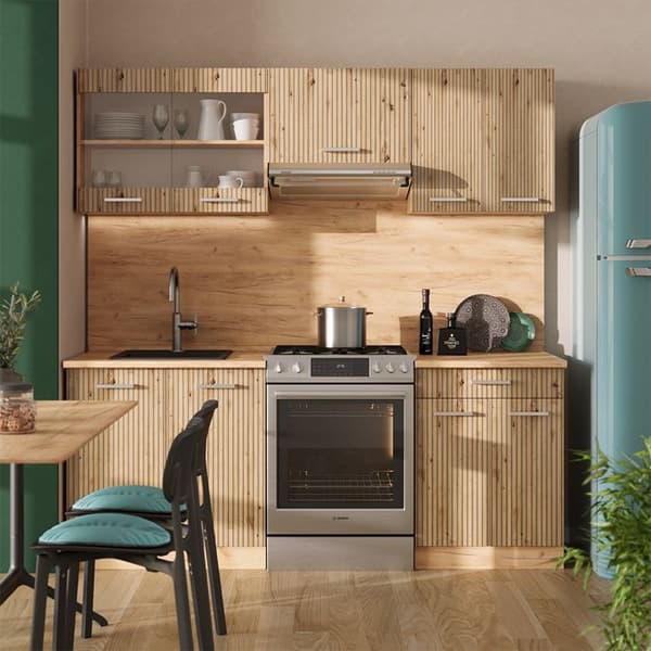R-Line kök, 200 cm, AP Marble, Artisan Oak/Golden Oak, Vicco