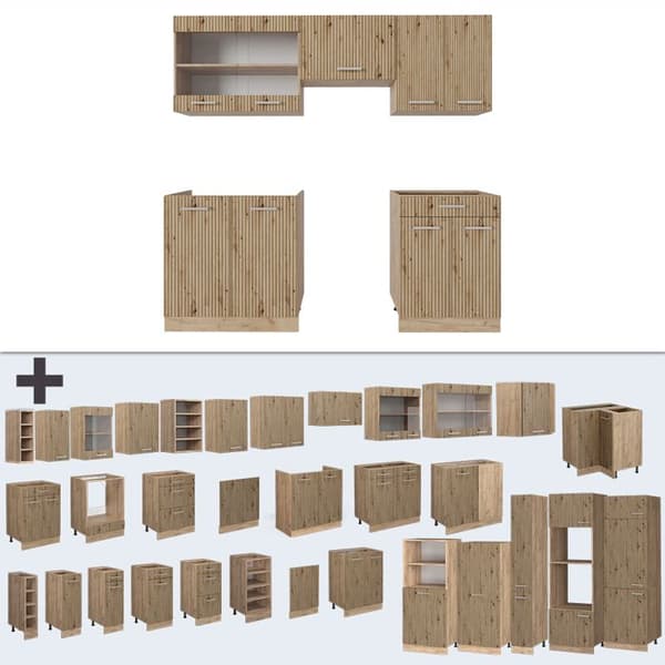 R-Line kök, 200 cm, AP Marble, Artisan Oak/Golden Oak, Vicco