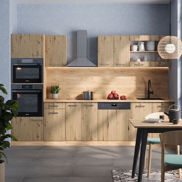 R-Line kök, 300 cm med högskåp, PT Marble, Artisan Oak/Golden Oak, Vicco