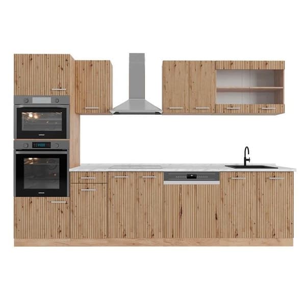 R-Line kök, 300 cm med högskåp, PT Marble, Artisan Oak/Golden Oak, Vicco