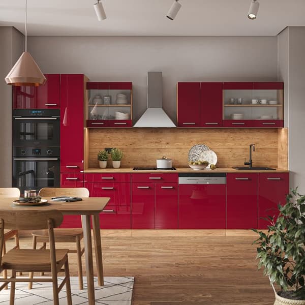 R-Line kök, 350 cm med högskåp, PT Marble, Blank Bordeaux/Golden Oak, Vicco