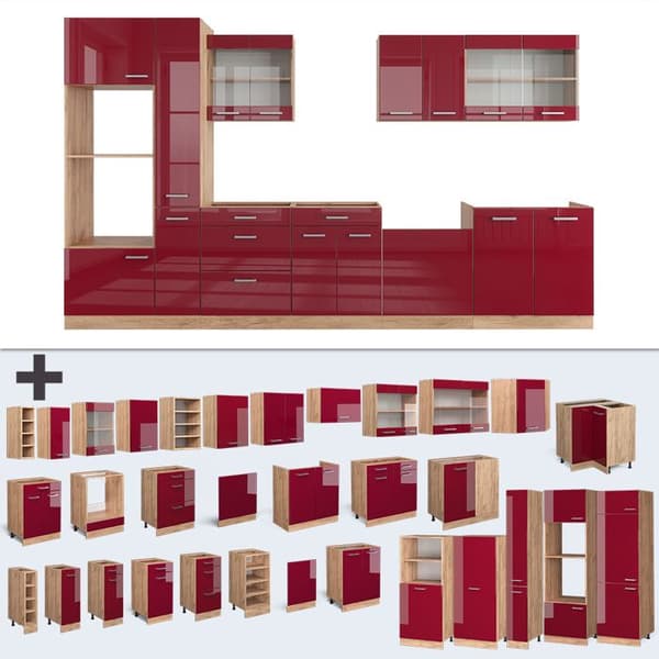 R-Line kök, 350 cm med högskåp, PT Marble, Blank Bordeaux/Golden Oak, Vicco
