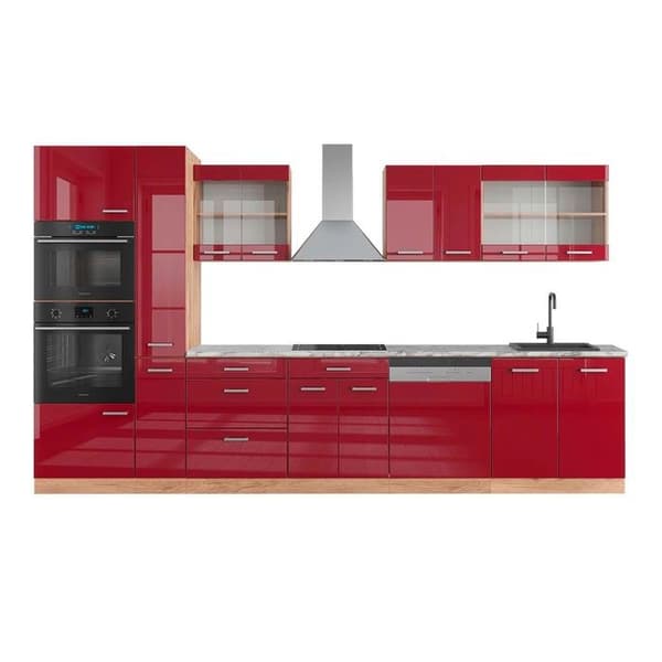 R-Line kök, 350 cm med högskåp, PT Marble, Blank Bordeaux/Golden Oak, Vicco