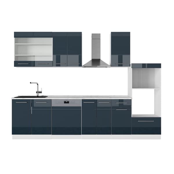 Fame-Line kök, 300 cm med högskåp, PT Marble, blank mörkblå/vit, Vicco