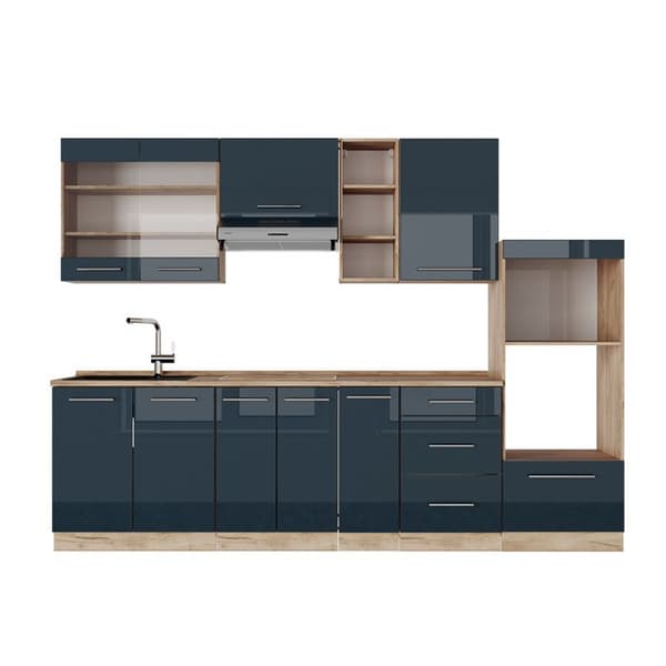 Fame-Line kök, 280 cm, PT Ek, blank mörkblå/guld ek, Vicco