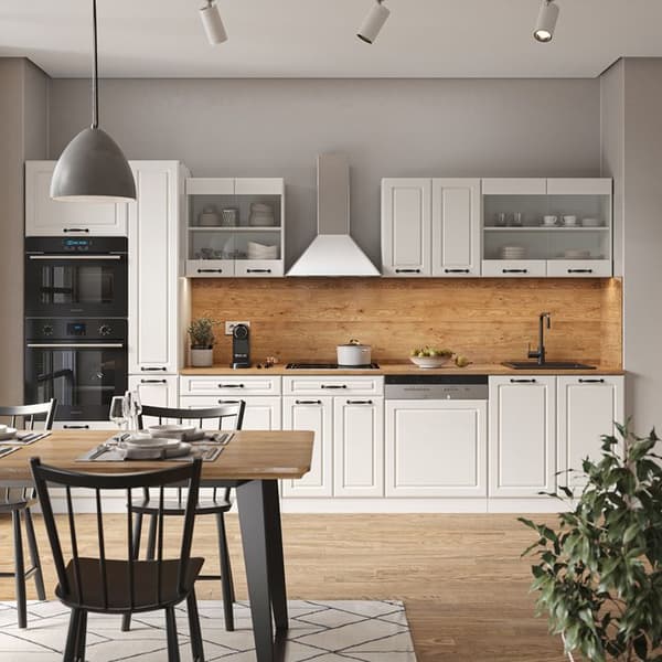 R-Line kökslinje, 350 cm med högskåp, PT Marble, Country vit/vit, Vicco