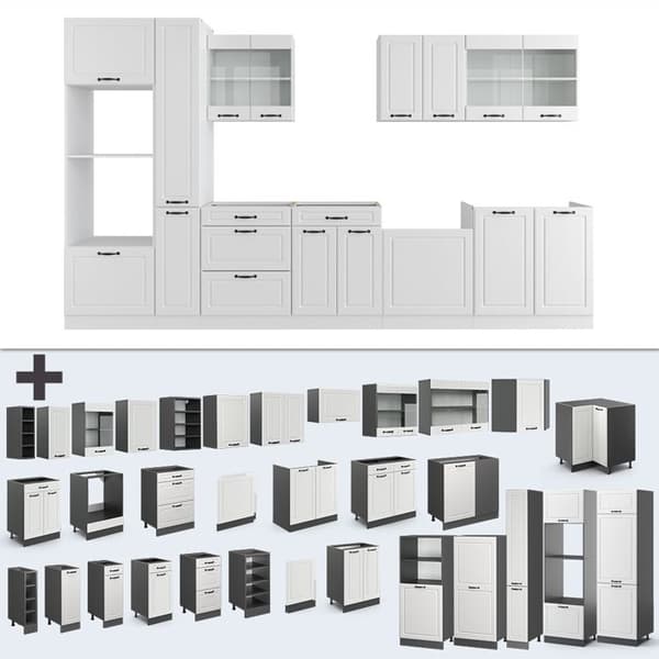 R-Line kökslinje, 350 cm med högskåp, PT Marble, Country vit/vit, Vicco