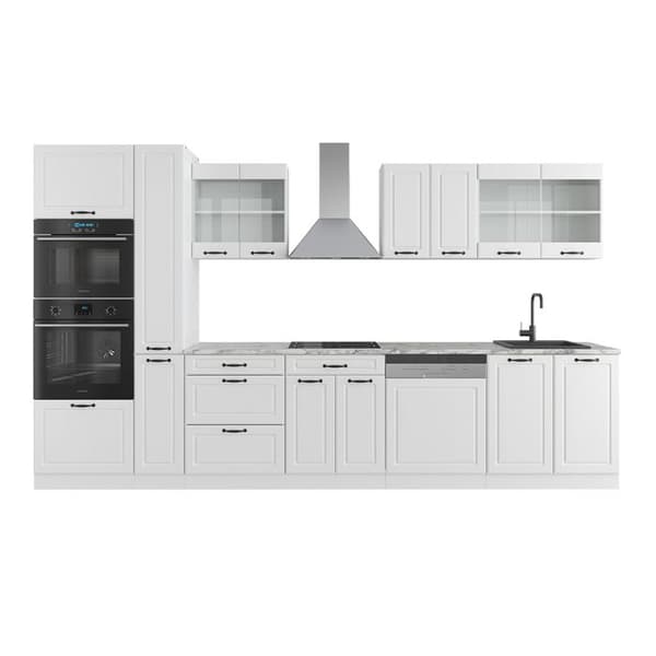 R-Line kökslinje, 350 cm med högskåp, PT Marble, Country vit/vit, Vicco