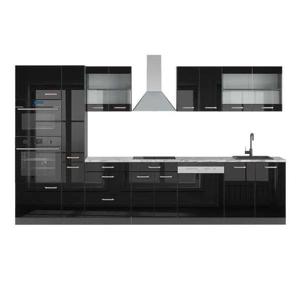 R-Line kökslinje, 350 cm med högskåp, PT Marble, Svart Högglans, Vicco