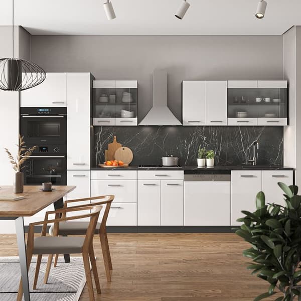 R-Line kök, 350 cm med högskåp, PT Ek, Blank vit/Antracit, Vicco