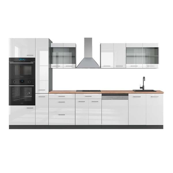 R-Line kök, 350 cm med högskåp, PT Ek, Blank vit/Antracit, Vicco