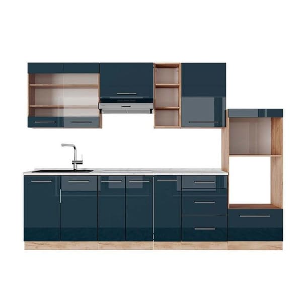 Fame-Line kök, 280 cm, PT Marble, blank mörkblå/guld ek, Vicco