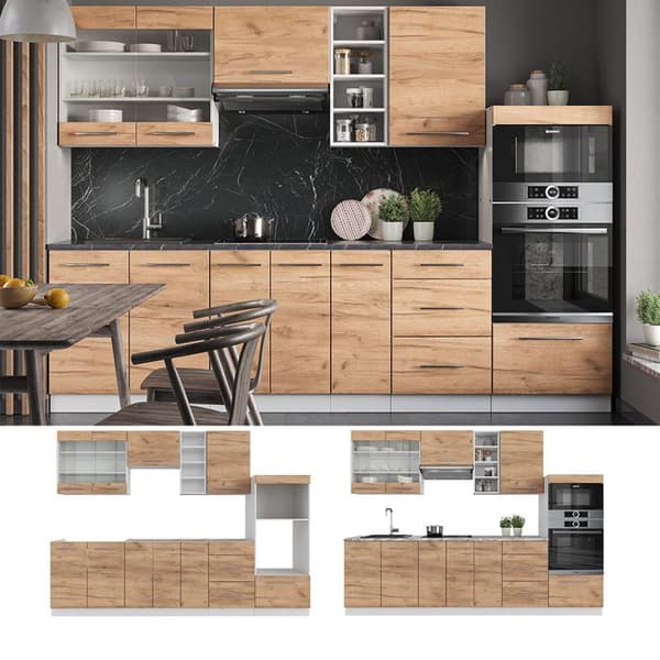 Fame-Line kök, 280 cm, PT Marmor, Gyllene/vit ek, Vicco