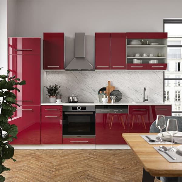 Fame-Line kök, 300 cm utan bänkskiva, Bordeaux högglans/vit, Vicco