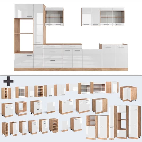 R-Line kök, 350 cm med högskåp, PT Marble, Blank vit/Gyllene ek, Vicco