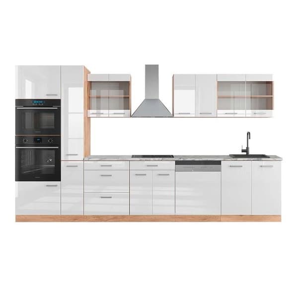 R-Line kök, 350 cm med högskåp, PT Marble, Blank vit/Gyllene ek, Vicco