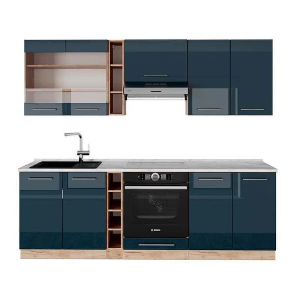 Fame-Line kök, 235 cm, PT Marble, blank mörkblå/guld ek, Vicco
