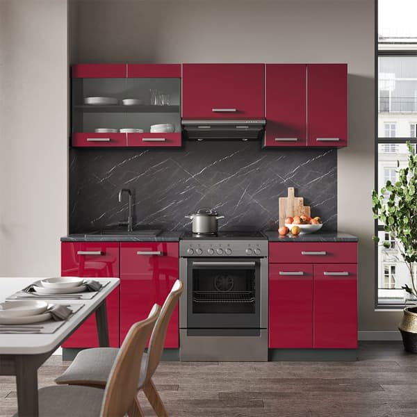 R-Line kök, 200 cm, PT Antracit, Bordeaux högblank/antracit, Vicco