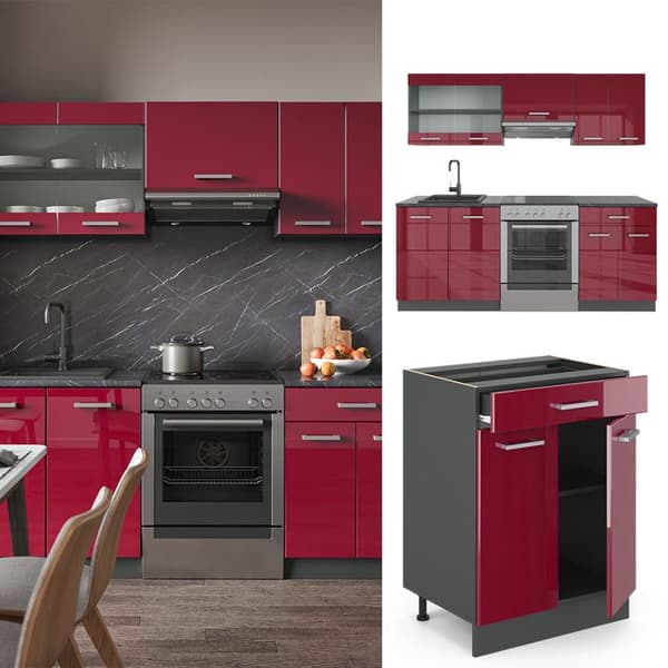R-Line kök, 200 cm, PT Antracit, Bordeaux högblank/antracit, Vicco
