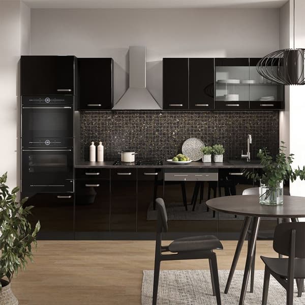 R-Line kök, 300 cm med högskåp, PT Marble, Glanssvart/Antracit, Vicco