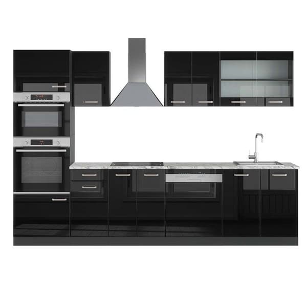 R-Line kök, 300 cm med högskåp, PT Marble, Glanssvart/Antracit, Vicco