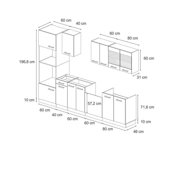 R-Line kök, 300 cm med högskåp, PT Antracit, Blank svart/Antracit, Vicco