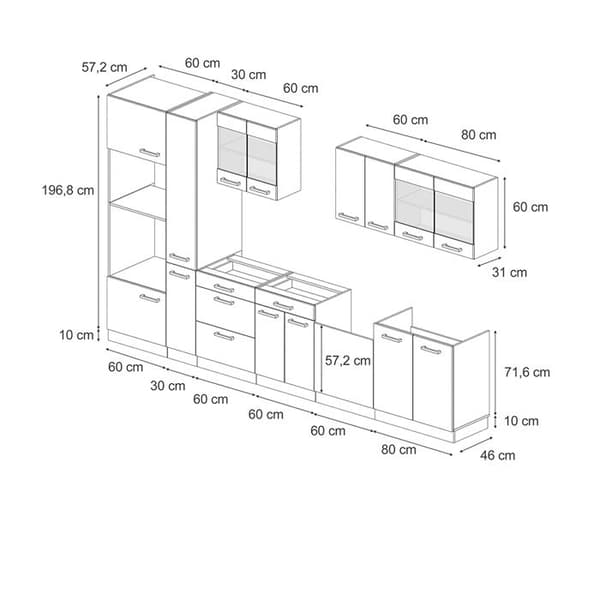 R-Line kök, 350 cm med högskåp, PT Marble, Blågrå/antracit, Vicco