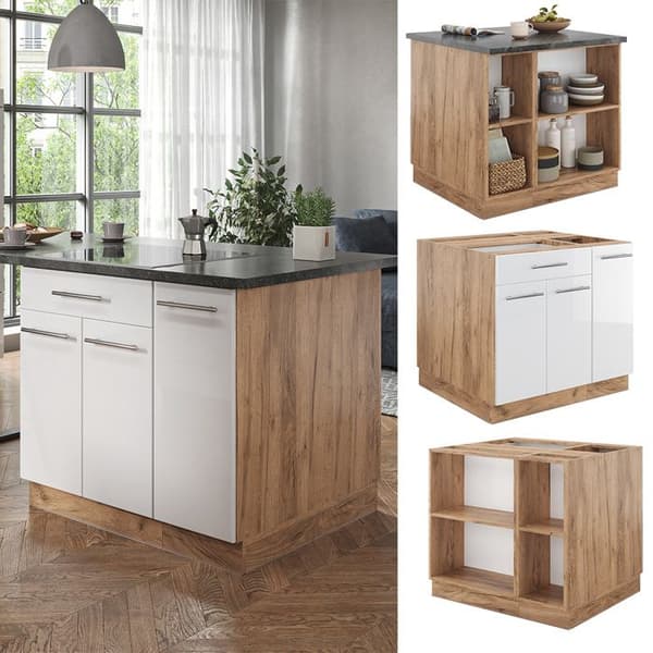 Fame-Line köksö, 90 cm med låda, utan bänkskiva, blank vit/Gyllene ek, Vicco