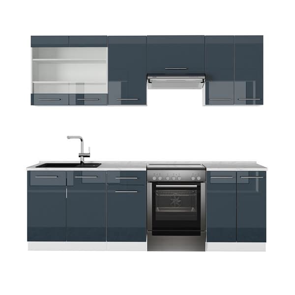 Fame-Line kök, 240 cm, PT Marble, blank mörkblå/vit, Vicco