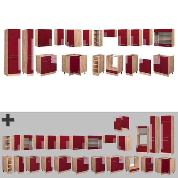 Fame-Line hörnkök, 347 x 257 cm, PT Marble, Blank Bordeaux/Golden Oak, Vicco