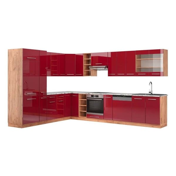 Fame-Line hörnkök, 347 x 257 cm, PT Marble, Blank Bordeaux/Golden Oak, Vicco