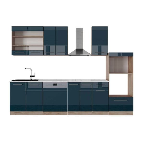 Fame-Line kök, 300 cm med högskåp, PT Marble, blank mörkblå/guld ek, Vicco