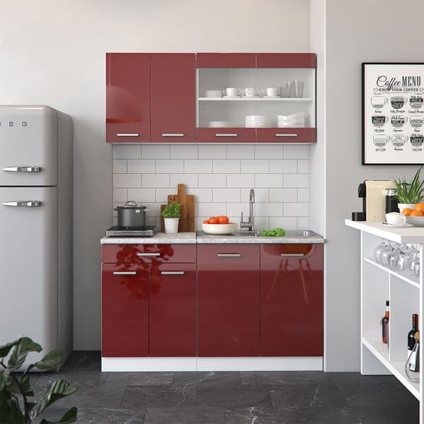 R-Line kök, 140 cm utan bänkskiva, Bordeaux högglans/vit, Vicco