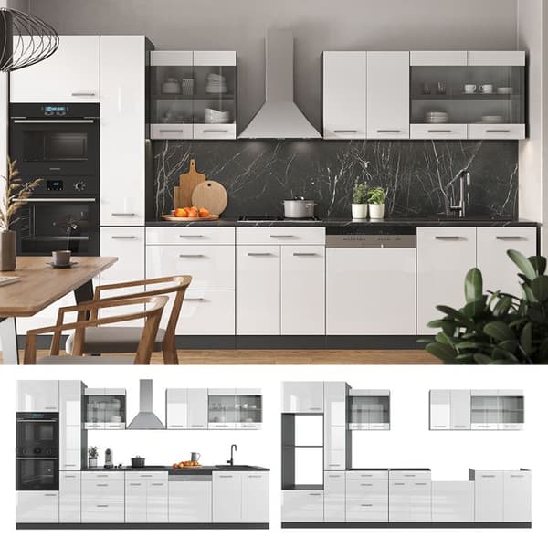 R-Line kök, 350 cm med högskåp, PT Antracit, Blank vit/Antracit, Vicco