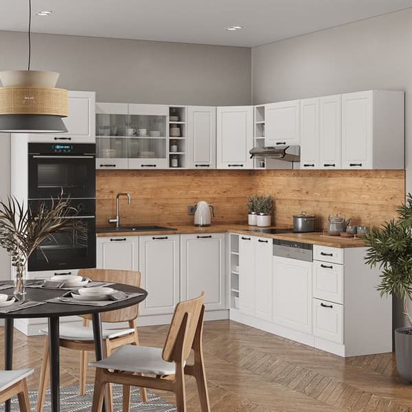 R-Line hörnkök, 237 x 60 cm, PT Marble, Country vit/vit, Vicco