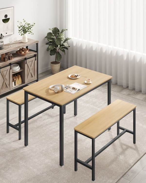 Rootz 3-delade matsalsset - Köksbord - Träbänkar - Spånskiva och stål - 70cm x 110cm x 75cm - Golden Oak Ink Black - 27,5kg