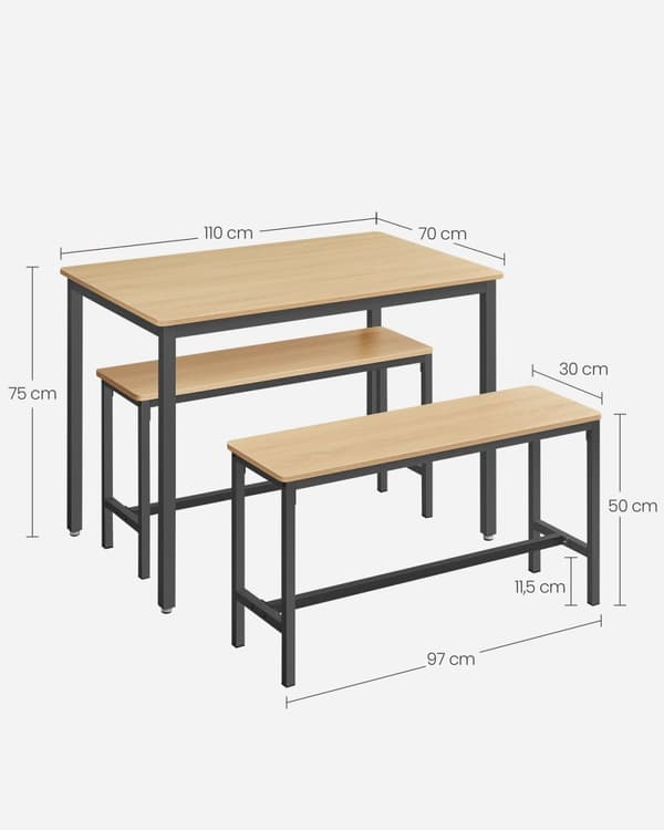 Rootz 3-delade matsalsset - Köksbord - Träbänkar - Spånskiva och stål - 70cm x 110cm x 75cm - Golden Oak Ink Black - 27,5kg