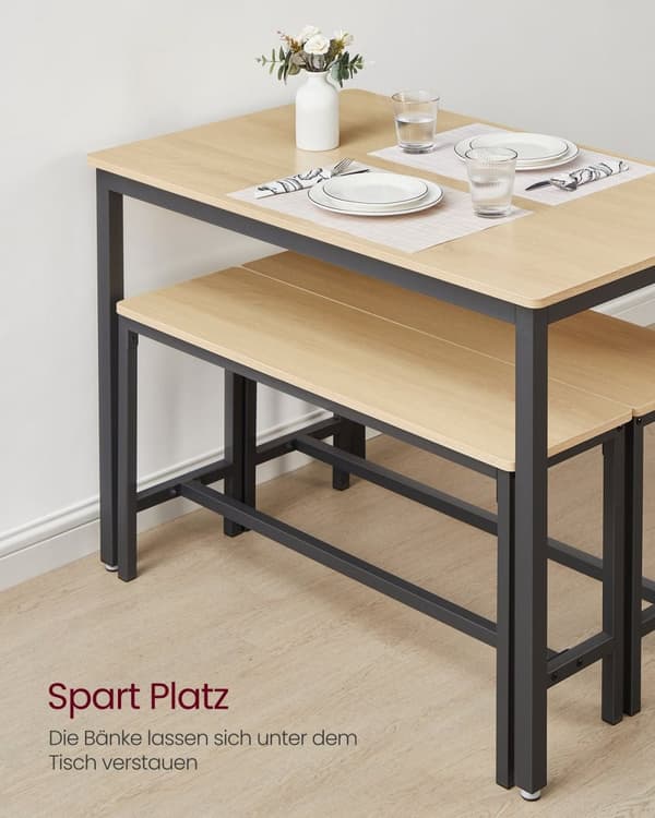 Rootz 3-delade matsalsset - Köksbord - Träbänkar - Spånskiva och stål - 70cm x 110cm x 75cm - Golden Oak Ink Black - 27,5kg
