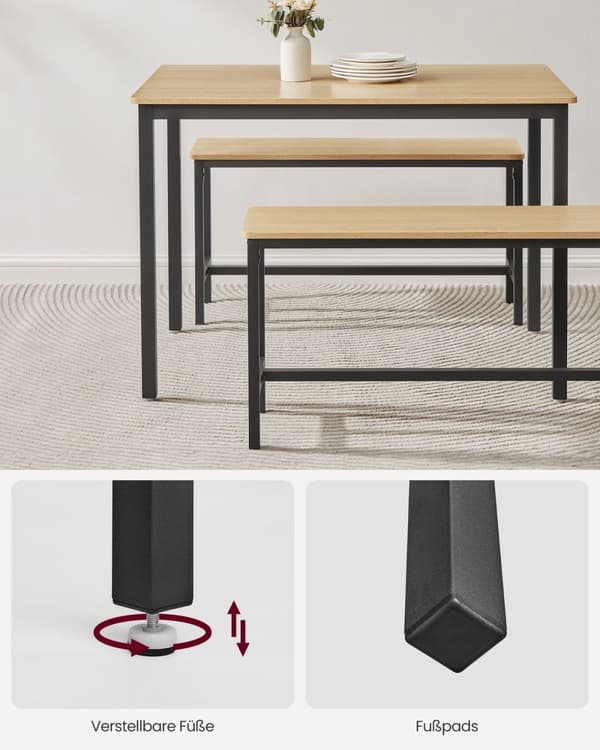 Rootz 3-delade matsalsset - Köksbord - Träbänkar - Spånskiva och stål - 70cm x 110cm x 75cm - Golden Oak Ink Black - 27,5kg