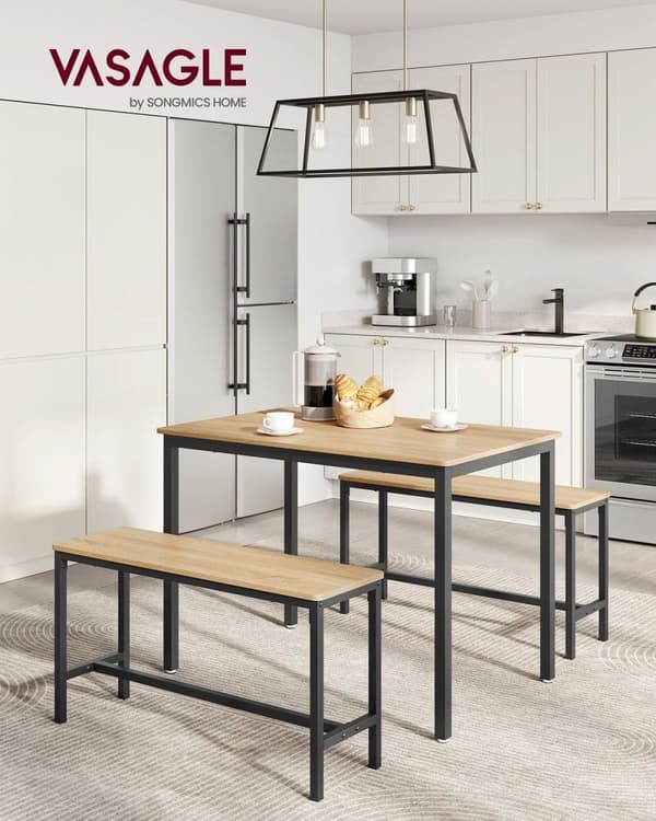 Rootz 3-delade matsalsset - Köksbord - Träbänkar - Spånskiva och stål - 70cm x 110cm x 75cm - Golden Oak Ink Black - 27,5kg