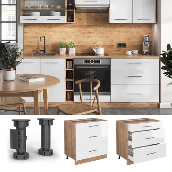 Köksmöbel Fame-Line, 80 cm med 3 lådor, PT Antracit, Vit hög blank, Guld ek, Vicco