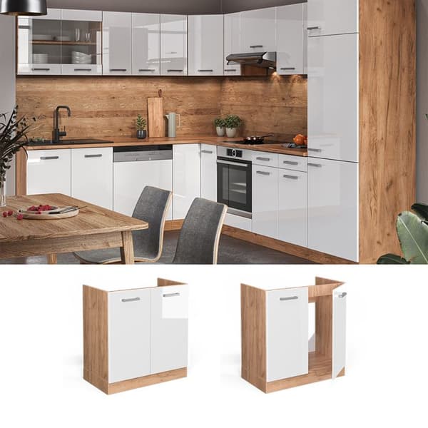 Underställ R-Line, 80cm PT Marmor, Vit högglans, Guld ek, Vicco
