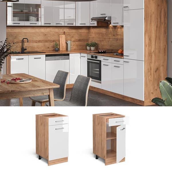 Köksmöbel R-Line, 40cm utan PT, Vit högblanka, Guldstark ek, Vicco