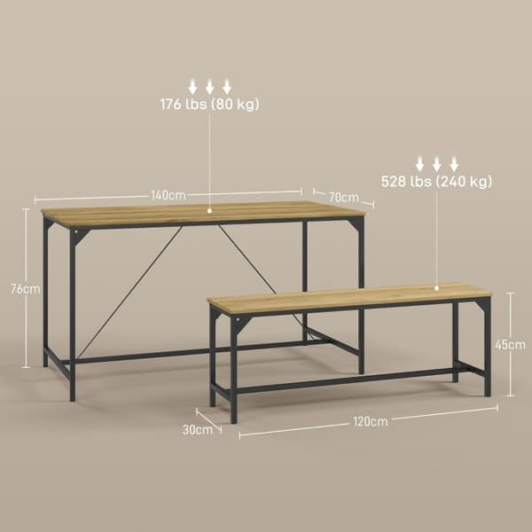 Rootz spisestuesæt - Bord og bænke - Træ og stål - Industrielt design - Pladsbesparende - Nem at rengøre - 140 cm x 70 cm x 76 cm