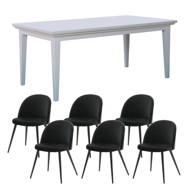 Venedig spisegruppe bord hvit 95x180/276 med 2 stk. tilleggsplater 6 stoler velour svart.