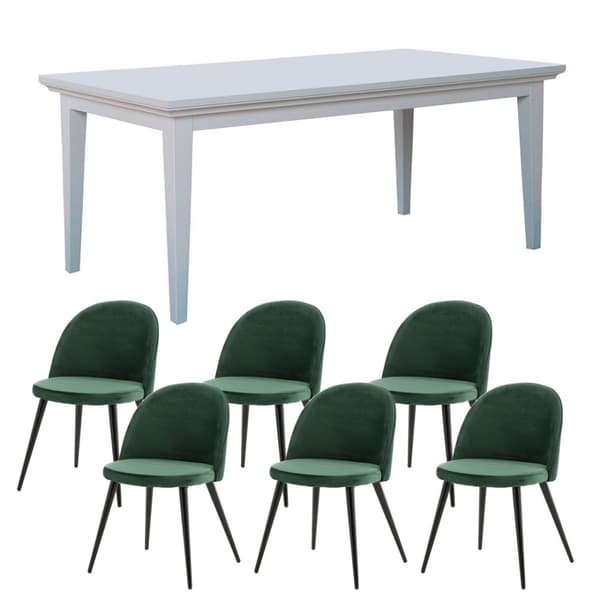 Venedig spisegruppe bord hvit 95x180/276 med 2 stk. tilleggsplater 6 stoler velour grønn.