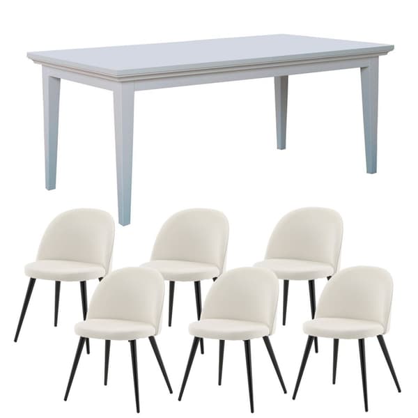 Venedig spisegruppe bord hvit 95x180/276 med 2 stk. tilleggsplater 6 stoler fløyel beige.