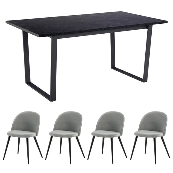 Tilst spisebordssæt bord marmor print sort 90x160 og 4 stole velour grå.